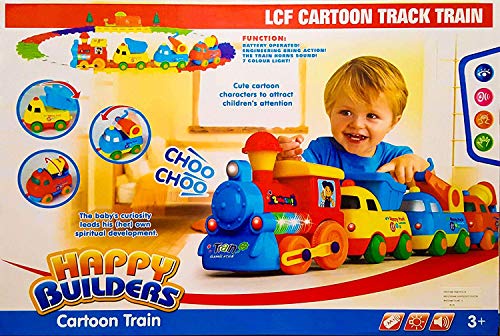 Happy Builders Choo Choo - Juego de trenes de dibujos animados, 210 cm, circunferencia de la pista para niños, funciona con pilas, juguete de Navidad