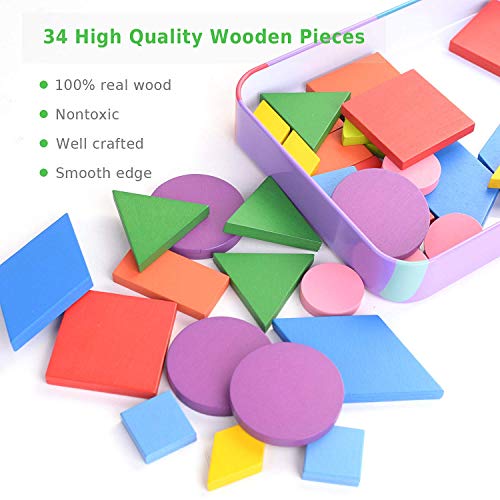 HellDoler Tangram Madera,Bloques de Madera Montessori Juguetes 34 Montessori Forma Geométrica Bloques de Patrones y 60 Piezas Tarjetas de Diseño