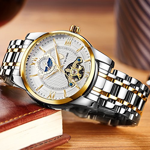 Hellery TEVISE Reloj Automático De Fase Lunar Mecánico Tourbillion Luminous Waterproof - Blanco y Oro