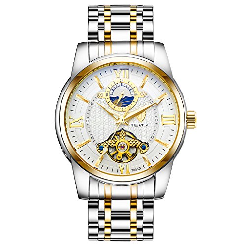 Hellery TEVISE Reloj Automático De Fase Lunar Mecánico Tourbillion Luminous Waterproof - Blanco y Oro