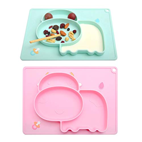 Hemoton 2pcs Bandeja de Comedor de Silicona Forma Linda Vaca niño Plato Dividido Comedor de Dibujos Animados vajilla Placa para bebés niños (Verde + Rosa)