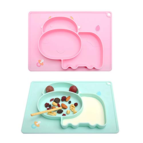 Hemoton 2pcs Bandeja de Comedor de Silicona Forma Linda Vaca niño Plato Dividido Comedor de Dibujos Animados vajilla Placa para bebés niños (Verde + Rosa)