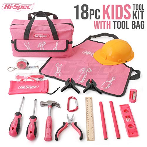 Hi-Spec Maletin de Herramientas Rosa para Niños de 18 Piezas. Bolsa de Herramientas. Herramientas manuales de Bricolaje de Metal Real para Niños y Principiantes.