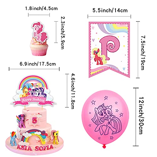 Hilloly My Little Pony Party Supplies, 32 Pcs Juego de Suministros para Fiestas de Cumpleaños para Niños con Pancartas de Globos de Cumpleaños Feliz DecoraciÓN De Tartas