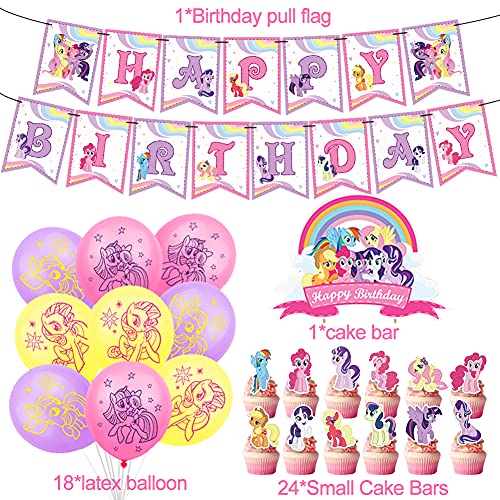 Hilloly My Little Pony Party Supplies, 32 Pcs Juego de Suministros para Fiestas de Cumpleaños para Niños con Pancartas de Globos de Cumpleaños Feliz DecoraciÓN De Tartas