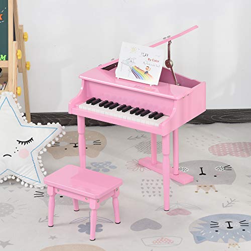 HOMCOM Piano de Cola Infantil con 30 Teclas Taburete y Atril de Partituras Piano para Niños de MDF Instrumento Musical Didáctico 52x50x49 cm Rosa