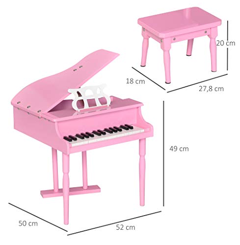 HOMCOM Piano de Cola Infantil con 30 Teclas Taburete y Atril de Partituras Piano para Niños de MDF Instrumento Musical Didáctico 52x50x49 cm Rosa