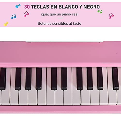 HOMCOM Piano de Cola Infantil con 30 Teclas Taburete y Atril de Partituras Piano para Niños de MDF Instrumento Musical Didáctico 52x50x49 cm Rosa