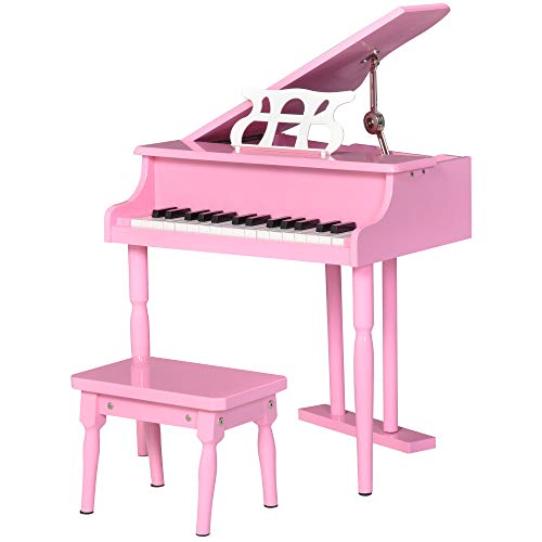 HOMCOM Piano de Cola Infantil con 30 Teclas Taburete y Atril de Partituras Piano para Niños de MDF Instrumento Musical Didáctico 52x50x49 cm Rosa