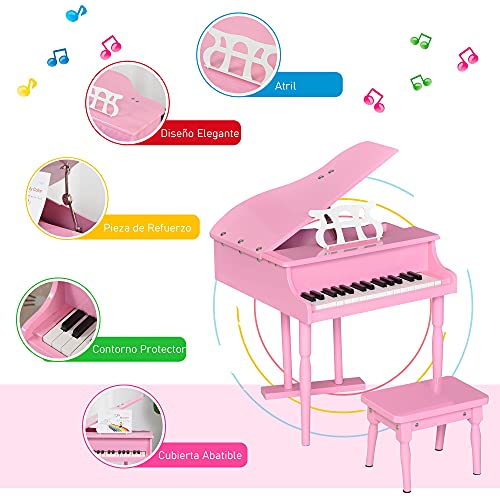 HOMCOM Piano de Cola Infantil con 30 Teclas Taburete y Atril de Partituras Piano para Niños de MDF Instrumento Musical Didáctico 52x50x49 cm Rosa