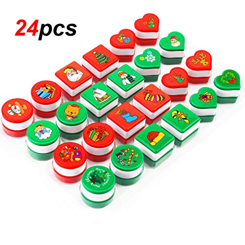 HOWAF Navidad Entintado Sellos Niños (24pcs) con Navidad Etiqueta Pegatina (72pcs) para Niños Navidad Impresión Scrapbooking Etiquetas Regalo Tarjetas Navideña Decoración Artículos