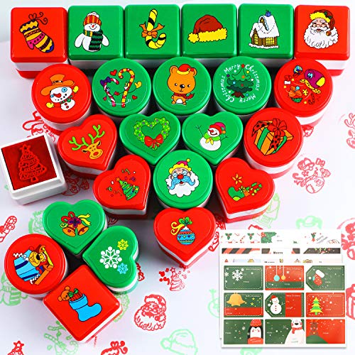 HOWAF Navidad Entintado Sellos Niños (24pcs) con Navidad Etiqueta Pegatina (72pcs) para Niños Navidad Impresión Scrapbooking Etiquetas Regalo Tarjetas Navideña Decoración Artículos