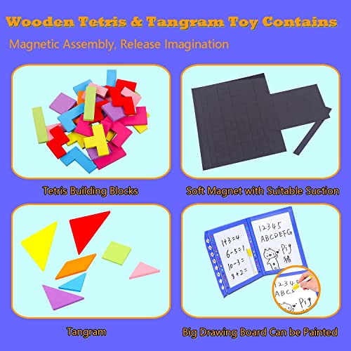 HVDHYY 3 in 1 Tetris+Tangram+Tablero de Dibujo Juego de Rompecabezas de Madera Juguetes Montessori Magnetico de Viaje y 1 Bolígrafo Borrable para Juguetes Educativos Montessori para de 3 a 10 años