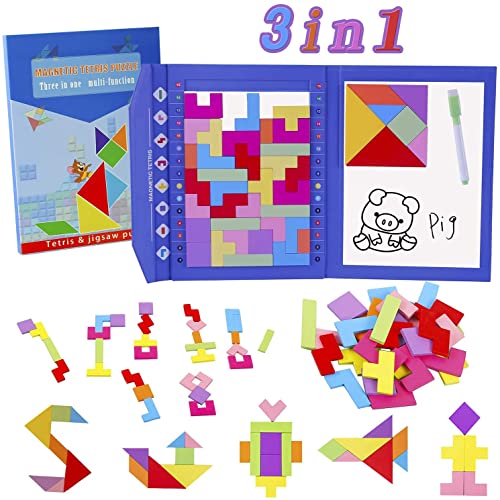 HVDHYY 3 in 1 Tetris+Tangram+Tablero de Dibujo Juego de Rompecabezas de Madera Juguetes Montessori Magnetico de Viaje y 1 Bolígrafo Borrable para Juguetes Educativos Montessori para de 3 a 10 años