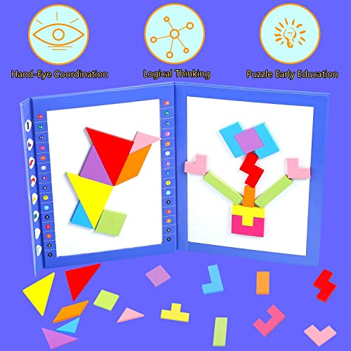 HVDHYY 3 in 1 Tetris+Tangram+Tablero de Dibujo Juego de Rompecabezas de Madera Juguetes Montessori Magnetico de Viaje y 1 Bolígrafo Borrable para Juguetes Educativos Montessori para de 3 a 10 años