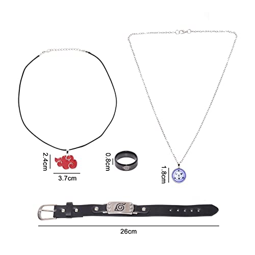 I3C Anime Cosplay Accesorios Set: Anillo Konoha+Colgante Nube Roja+Collar con Colgante de Sharingan Rinnegan+Pulsera Símbolo Konoha para Hombre Mujer Fan del Anime (4 Unidades)