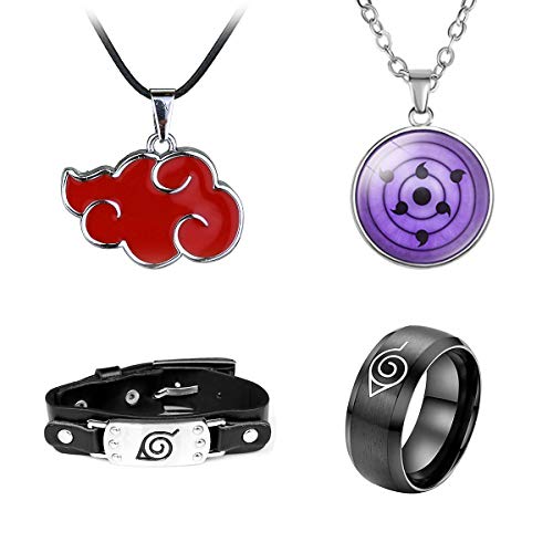 I3C Anime Cosplay Accesorios Set: Anillo Konoha+Colgante Nube Roja+Collar con Colgante de Sharingan Rinnegan+Pulsera Símbolo Konoha para Hombre Mujer Fan del Anime (4 Unidades)