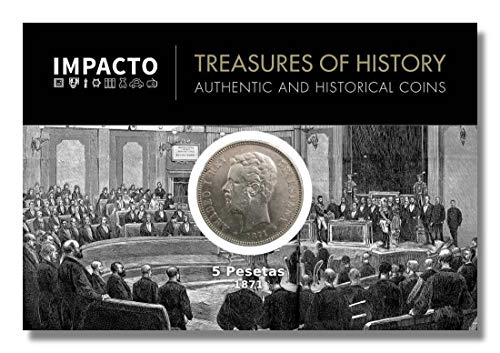 IMPACTO COLECCIONABLES Monedas Antiguas - España, 5 Pesetas de Plata acuñada Entre 1871 y 1874, el Duro de Amadeo I - Incluye Certificado de Autenticidad