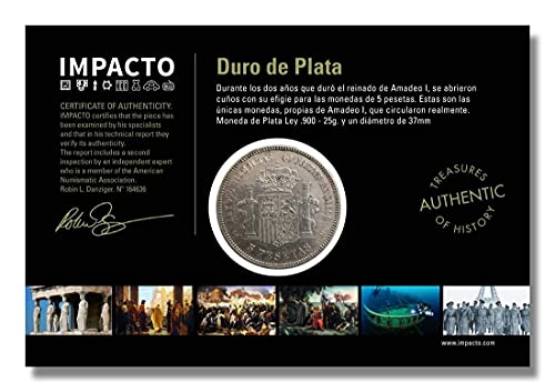 IMPACTO COLECCIONABLES Monedas Antiguas - España, 5 Pesetas de Plata acuñada Entre 1871 y 1874, el Duro de Amadeo I - Incluye Certificado de Autenticidad