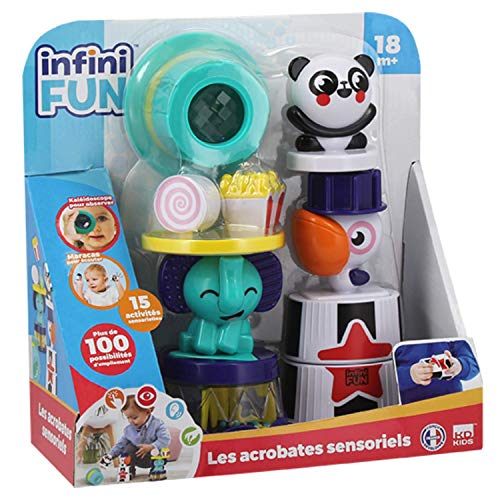 InfiniFUN - Los acrobates sensoriales, Juguete de Primera Edad, Juguete sensorial, Juguete de apilamiento y clasificador de Forma, kaleidoscopio, Multicolor