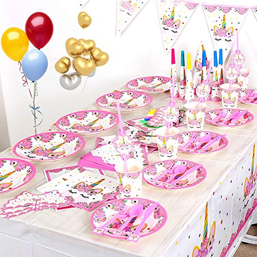 INTVN 48 pcs Vajilla de Unicornio, Suministros de fiesta de unicornio, Platos, Servilletas, Cubiertos Vajilla de cumpleaños Infantil para Unicornio Fiesta 6 Invitados