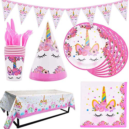 INTVN 48 pcs Vajilla de Unicornio, Suministros de fiesta de unicornio, Platos, Servilletas, Cubiertos Vajilla de cumpleaños Infantil para Unicornio Fiesta 6 Invitados