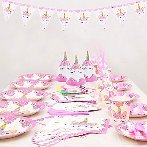 INTVN 48 pcs Vajilla de Unicornio, Suministros de fiesta de unicornio, Platos, Servilletas, Cubiertos Vajilla de cumpleaños Infantil para Unicornio Fiesta 6 Invitados