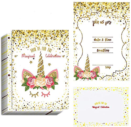 INTVN Tarjetas de invitación de Unicornio Invitaciones de Fiesta Fiesta de cumpleaños Estampado en Caliente Tarjeta de invitación de invitación de Fiesta de cumpleaños de Unicornio Sobres