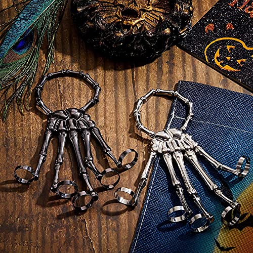 Ishine Pulsera de mano de esqueleto de Halloween, accesorios góticos, anillo de dedo de calavera de metal, guantes de esqueleto para hombres y mujeres, disfraz de cosplay