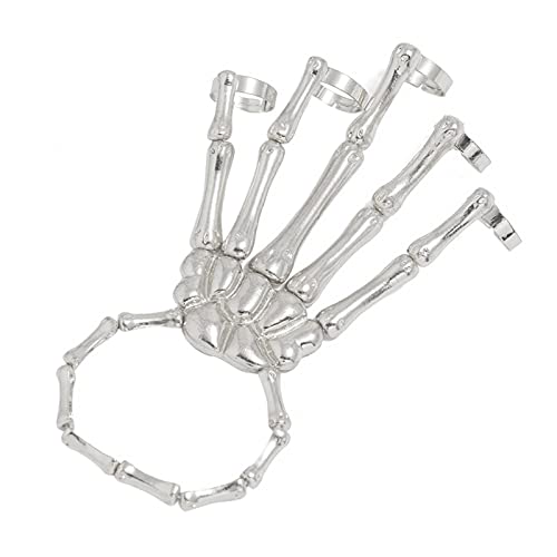 Ishine Pulsera de mano de esqueleto de Halloween, accesorios góticos, anillo de dedo de calavera de metal, guantes de esqueleto para hombres y mujeres, disfraz de cosplay