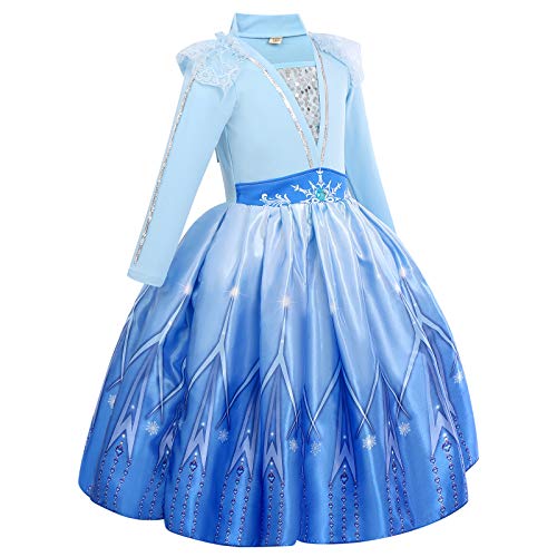 IWEMEK Niñas Vestido de Princesa Elsa Disfraz Copos de Nieve Reina de Nieve Costume Manga Larga Maxi Tul Vestido de Carnaval Halloween Navidad Disfraces Cumpleaños Fiesta Ropa 07 Azul 5-6 años