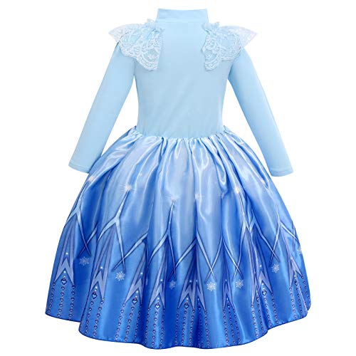 IWEMEK Niñas Vestido de Princesa Elsa Disfraz Copos de Nieve Reina de Nieve Costume Manga Larga Maxi Tul Vestido de Carnaval Halloween Navidad Disfraces Cumpleaños Fiesta Ropa 07 Azul 5-6 años