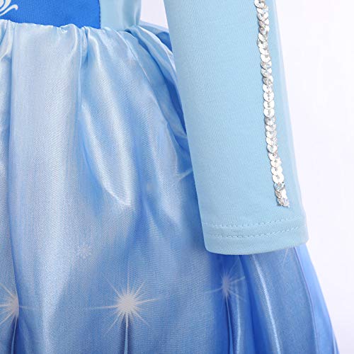 IWEMEK Niñas Vestido de Princesa Elsa Disfraz Copos de Nieve Reina de Nieve Costume Manga Larga Maxi Tul Vestido de Carnaval Halloween Navidad Disfraces Cumpleaños Fiesta Ropa 07 Azul 5-6 años