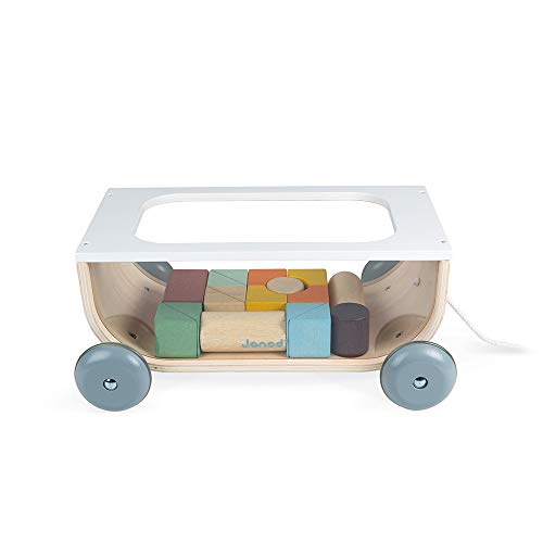 Janod - Carrito de Cubos de Madera - Colección Sweet Cocoon - Juguete de Estímulo para Bebés Pintado al Agua - Juguete de Arrastre - Aprender a Andar - A partir de 18 Meses, J04407