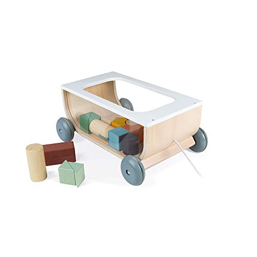 Janod - Carrito de Cubos de Madera - Colección Sweet Cocoon - Juguete de Estímulo para Bebés Pintado al Agua - Juguete de Arrastre - Aprender a Andar - A partir de 18 Meses, J04407