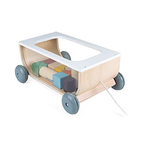 Janod - Carrito de Cubos de Madera - Colección Sweet Cocoon - Juguete de Estímulo para Bebés Pintado al Agua - Juguete de Arrastre - Aprender a Andar - A partir de 18 Meses, J04407