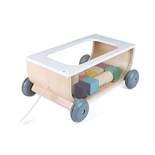 Janod - Carrito de Cubos de Madera - Colección Sweet Cocoon - Juguete de Estímulo para Bebés Pintado al Agua - Juguete de Arrastre - Aprender a Andar - A partir de 18 Meses, J04407