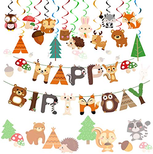 JeVenis Conjunto de 2 Suministros de Fiesta Woodland Banner de cumpleaños de Animales Banner de Animales de Bosque Globos temáticos de Amigos de Animales de Bosque