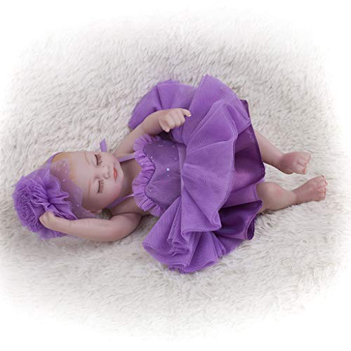 JIACUO Mini muñeca niñas durmiendo en cuerpos de Silicona de Vinilo Juguetes Hechos a Mano y Vestido Morado