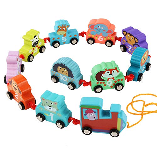 JOKFEICE Tren de Madera, Juego de 11 Piezas de vagones de Tren con número de Animales, Juego de Tren de Juguete para niños pequeños y niñas, Compatible con Las vías del Juego de Trenes Thomas