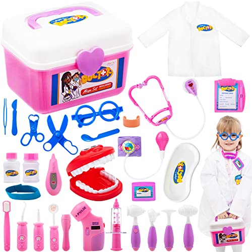 JOYIN Kit médico de 31 Piezas para niños, Juego médico de simulación, Juguete para Jugar al Dentista, Juguetes educativos para médicos con Estetoscopio electrónico, Disfraz de Disfraces