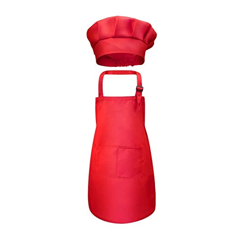 JSJJAWD Delantal Chef niños faldón Delantero Bolsillo Bib Niños Niñas Delantal Arte de la Cocina Delantal de los niños Pintura Cocinar Juegos Sombrero del bebé (Color : Red, Size : M)