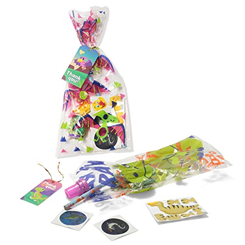 Juego de 12 bolsas de regalo con diseño de dinosaurio, relleno con sacapuntas de dinosaurio, figura de dinosaurio, pulsera de vuelta, pegatina, lápiz para premios de juegos de fiesta de niños