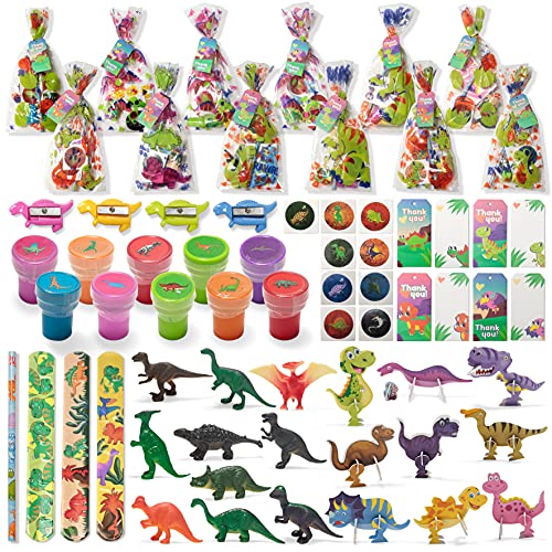 Juego de 12 bolsas de regalo con diseño de dinosaurio, relleno con sacapuntas de dinosaurio, figura de dinosaurio, pulsera de vuelta, pegatina, lápiz para premios de juegos de fiesta de niños