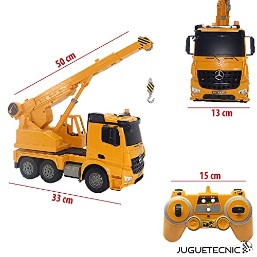 Juguetecnic Camión Teledirigido Grua Mercedes Benz Arocs 1:20 2.4Ghz | Luces y Sonidos Realistas, Coche RC Radiocontrol con Batería | Juguetes Construcción Radio Control para Niños, Amarillo