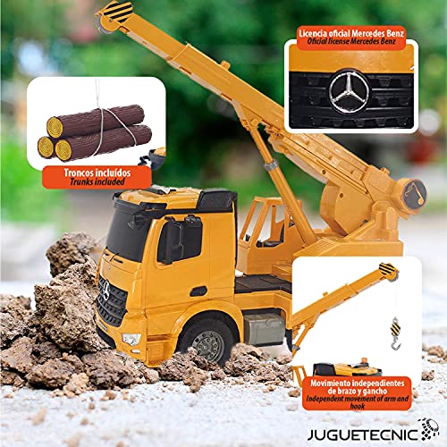 Juguetecnic Camión Teledirigido Grua Mercedes Benz Arocs 1:20 2.4Ghz | Luces y Sonidos Realistas, Coche RC Radiocontrol con Batería | Juguetes Construcción Radio Control para Niños, Amarillo