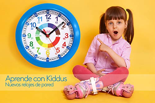 Kiddus Reloj Pedagógico para Niñas y Niños. De Pared, Analógico. Aprende la Hora con Nuestro Fácil Sistema Time Teacher. Ejercicios Incluídos. Mecanismo Silencioso. Pared Azul