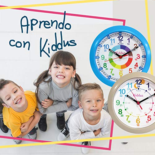 Kiddus Reloj Pedagógico para Niñas y Niños. De Pared, Analógico. Aprende la Hora con Nuestro Fácil Sistema Time Teacher. Ejercicios Incluídos. Mecanismo Silencioso. Pared Azul