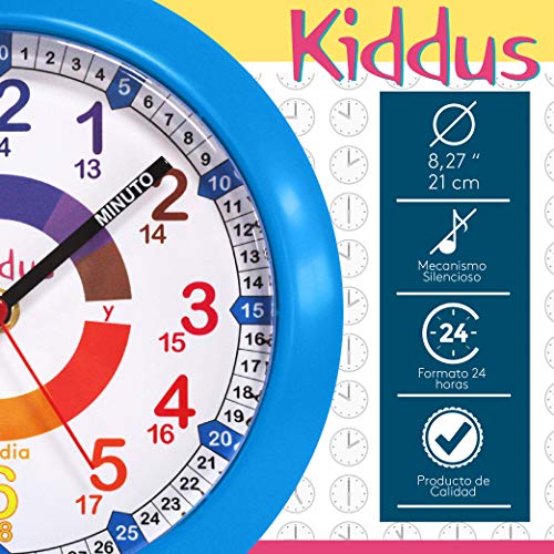 Kiddus Reloj Pedagógico para Niñas y Niños. De Pared, Analógico. Aprende la Hora con Nuestro Fácil Sistema Time Teacher. Ejercicios Incluídos. Mecanismo Silencioso. Pared Azul