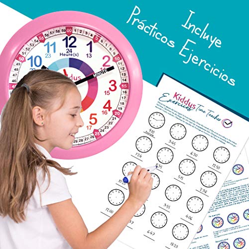 Kiddus Reloj Pedagógico para Niñas y Niños. De Pared, Analógico. Aprende la Hora con Nuestro Fácil Sistema Time Teacher. Ejercicios Incluídos. Mecanismo Silencioso. Pared Azul